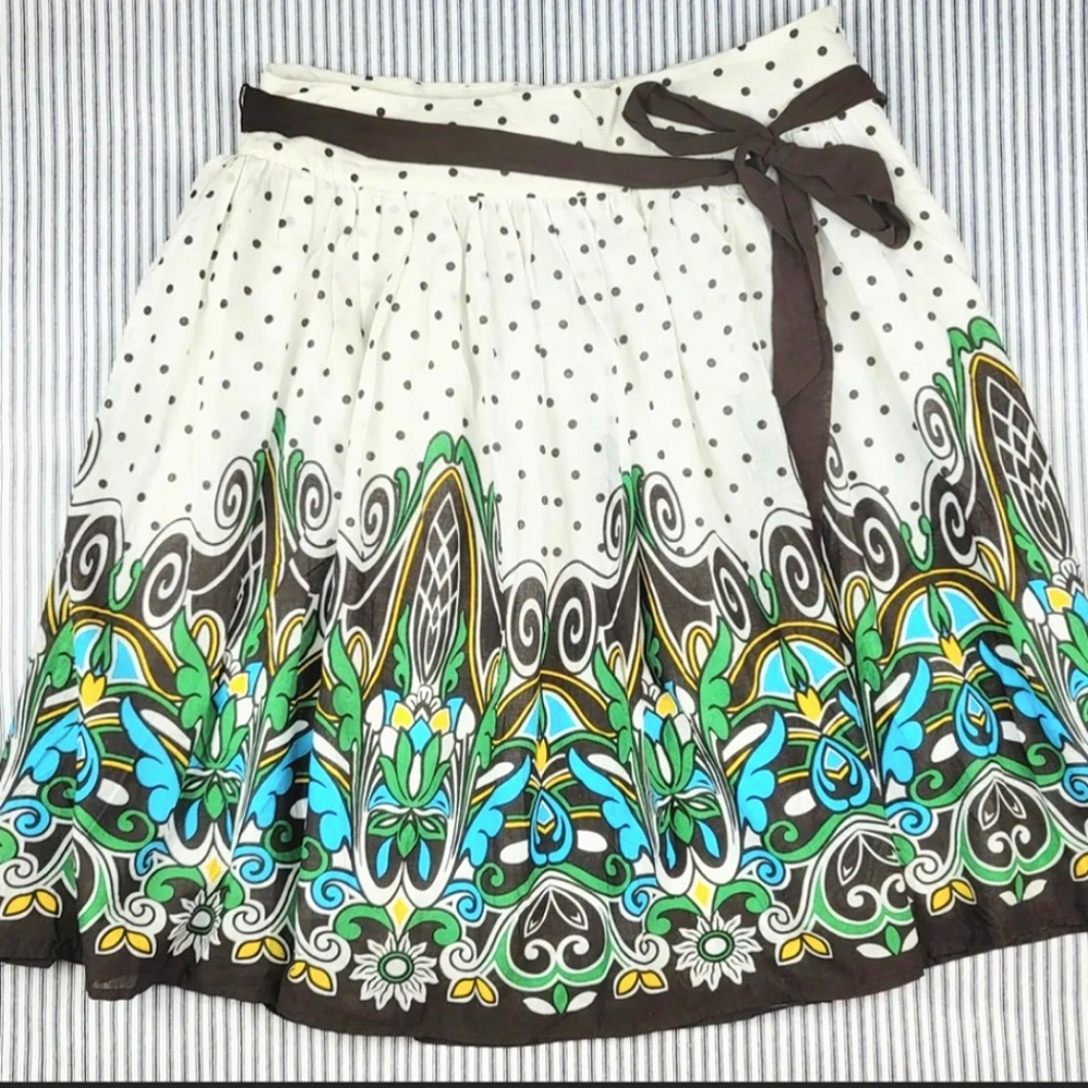 Cream Ivory Off White Brown Green Blue Yellow Polka Dotted Floral Cotton Skirt